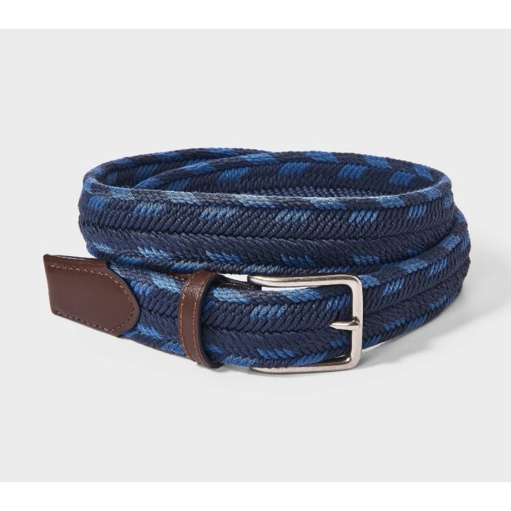 Goodfellow & Co Mens Braided Fabric Belt Med 32-34 Two Tone Blue Brown/silver